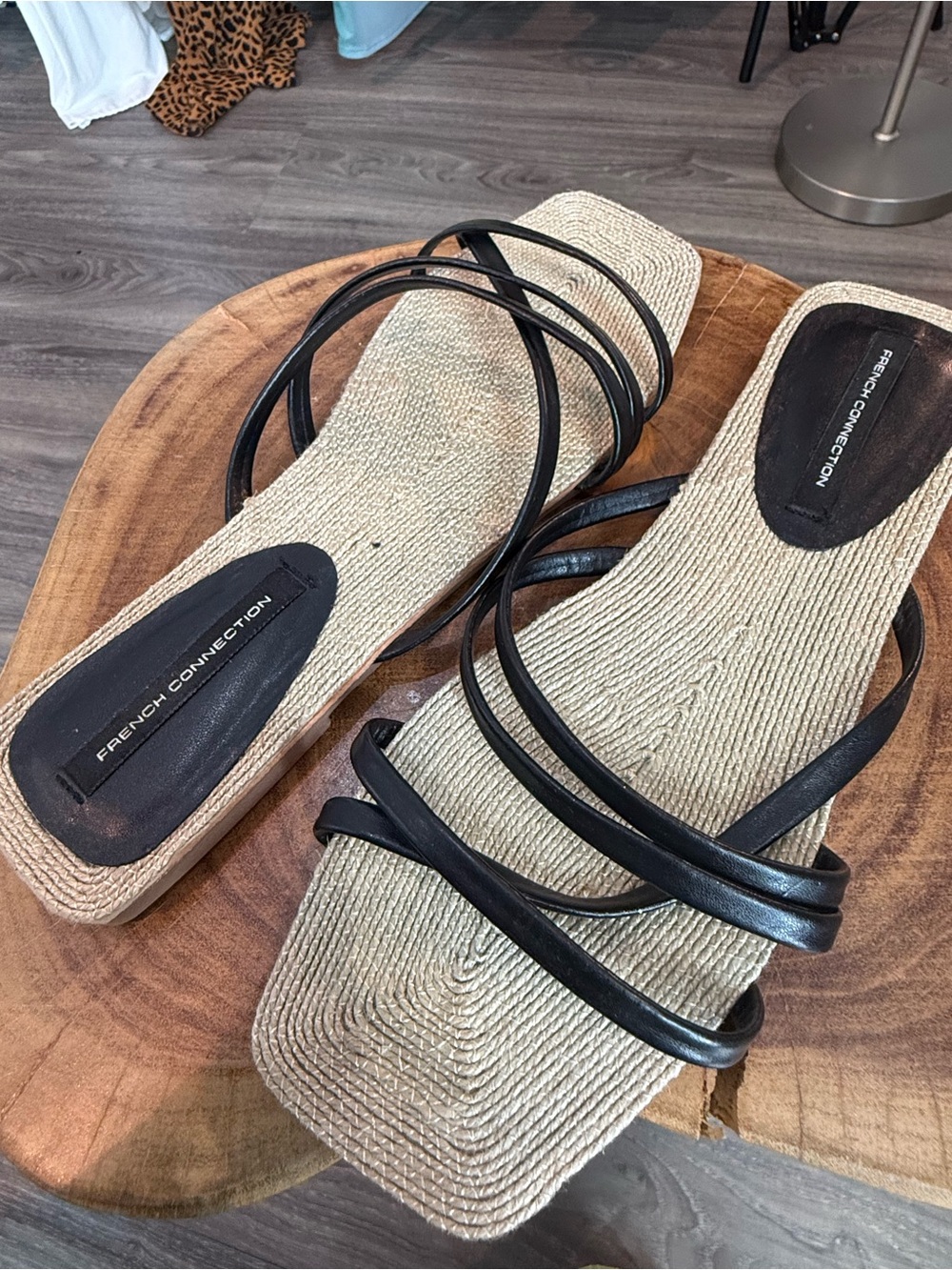 French Connection Black Strappy Espadrille-Style Slide Sandals